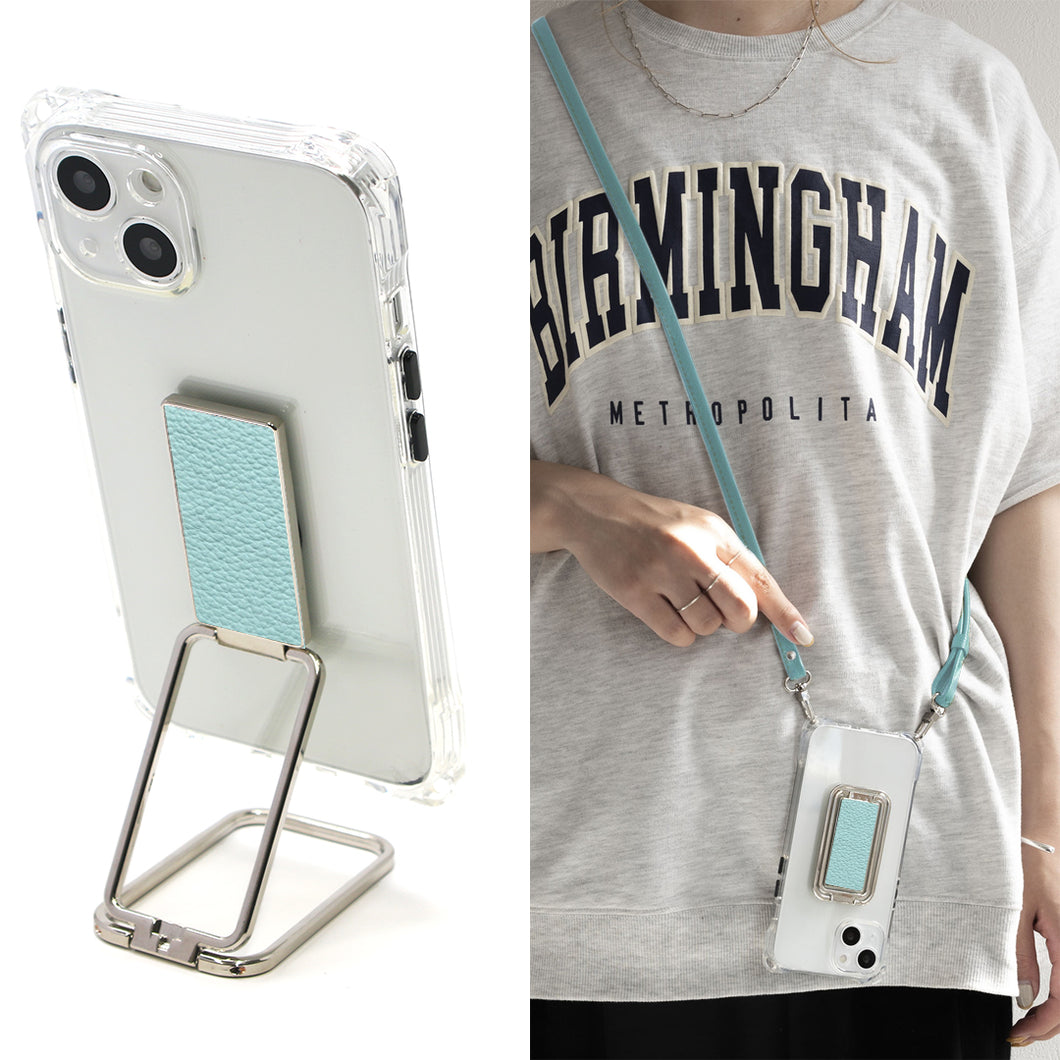 iPhone15 Plus スマホスタンドになる名入れ多機能リング&透明クリアケース ストラップ付き