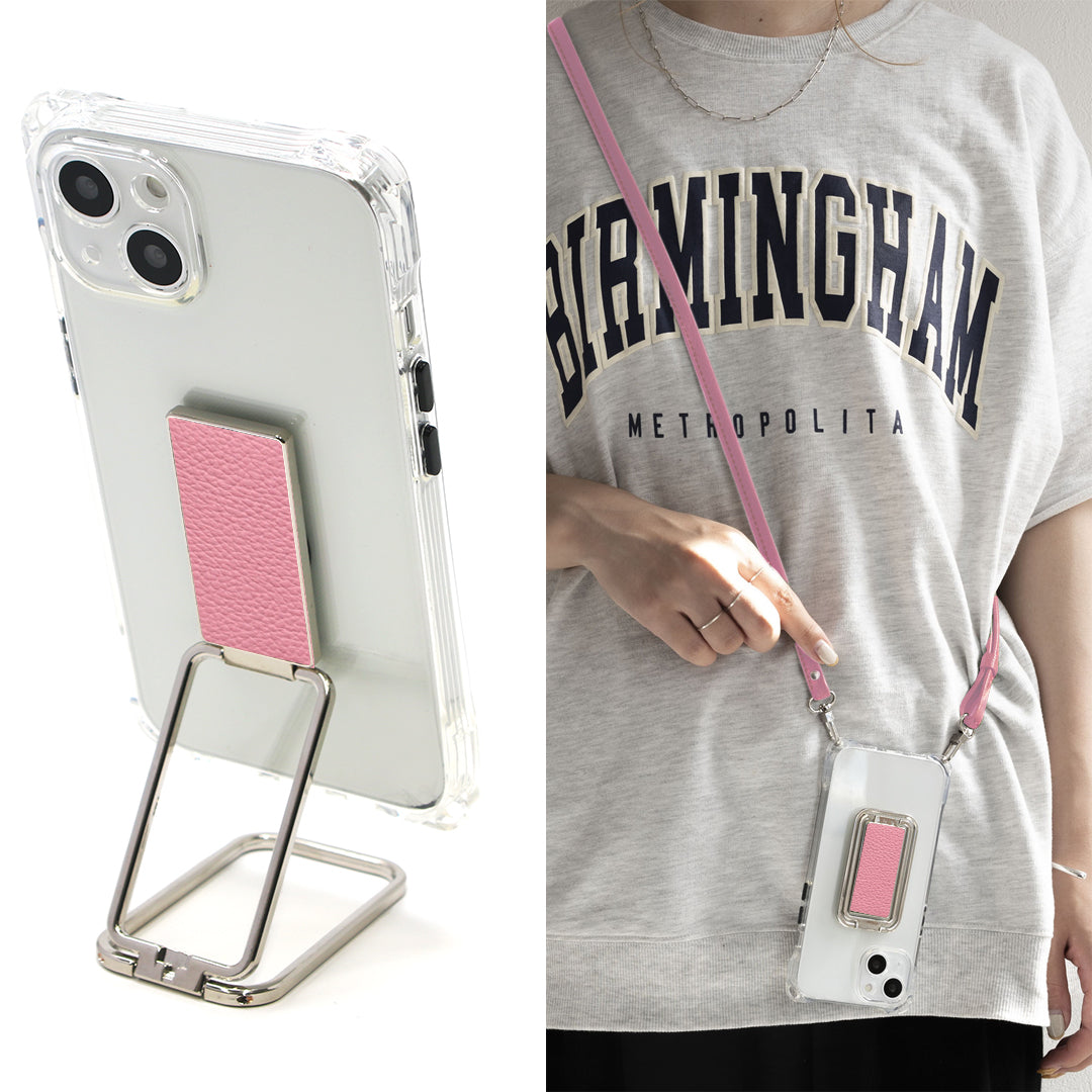 iPhone6 スマホスタンドになる名入れ多機能リング&透明クリアケース ストラップ付き