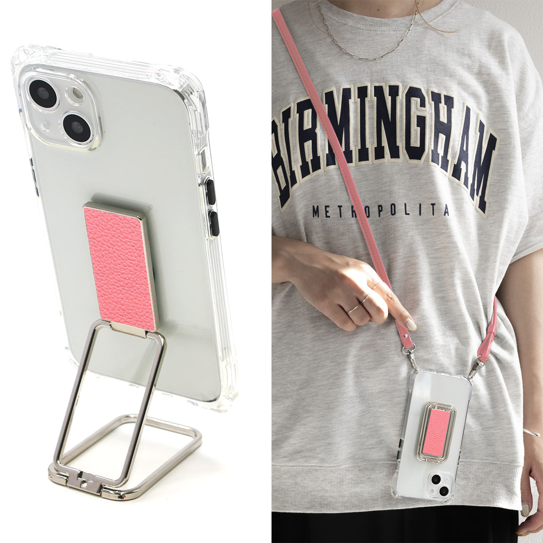 iPhone6 スマホスタンドになる名入れ多機能リング&透明クリアケース ストラップ付き
