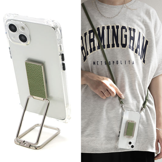 iPhone13 Pro Max スマホスタンドになる名入れ多機能リング&透明クリアケース ストラップ付き