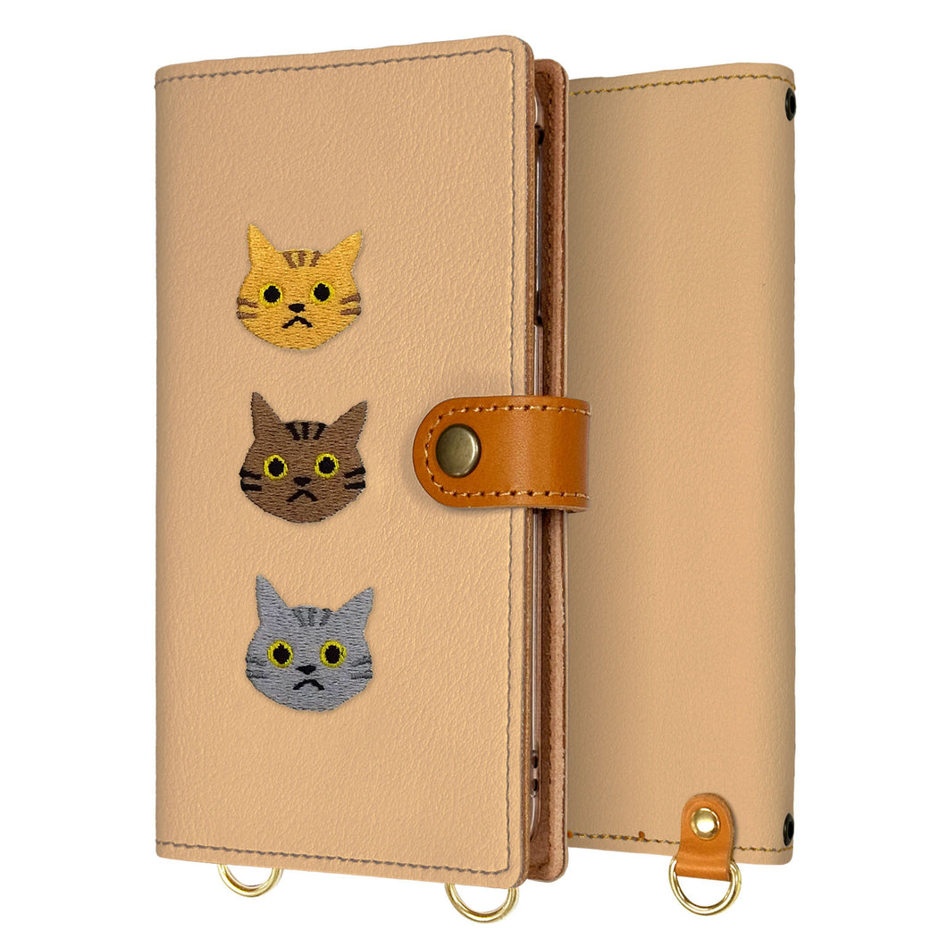 AQUOS L2 SH-L02 UQmobile 刺繍 3匹の猫 手帳型ケース 耐衝撃