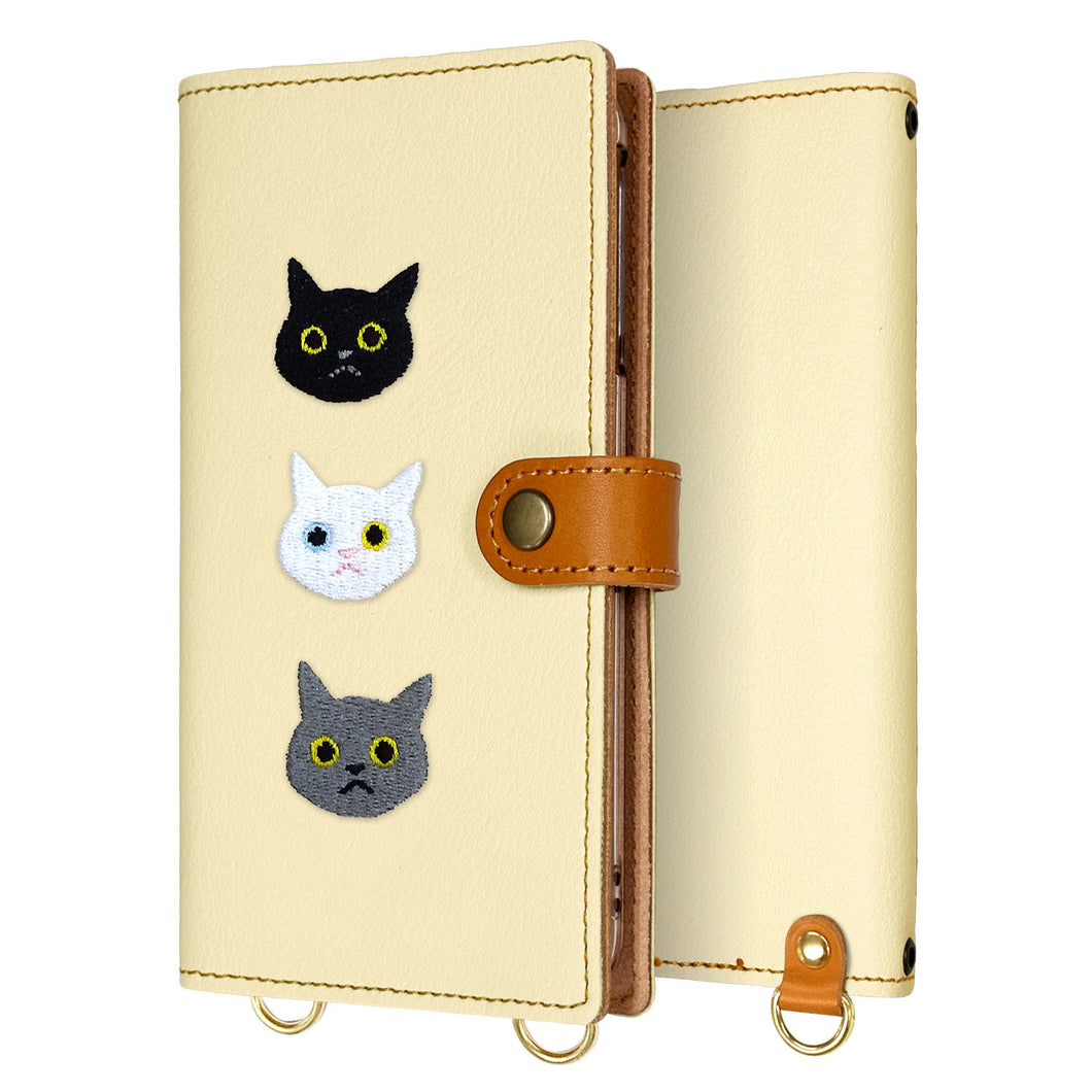 URBANO V04 KYV45 au 刺繍 3匹の猫 手帳型ケース 耐衝撃