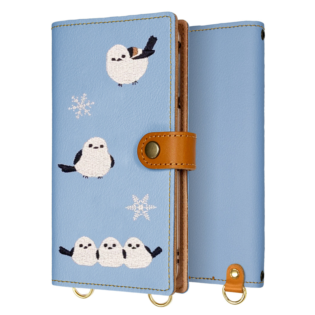 AQUOS sense4 basic A003SH Y!mobile 刺繍 雪とシマエナガ 手帳型ケース 耐衝撃