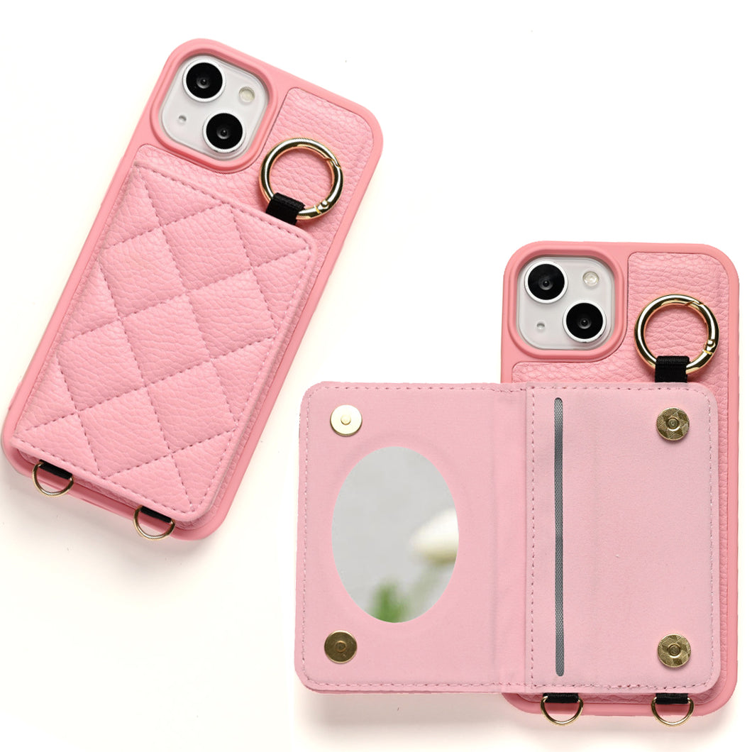 iPhone7 キルティング カラー リアケース 2つ折りカードケース ミラー付き