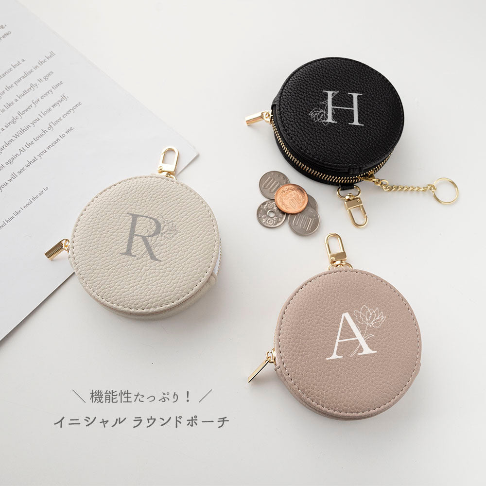 ミラー付き ラウンドポーチ simple イニシャル × 花