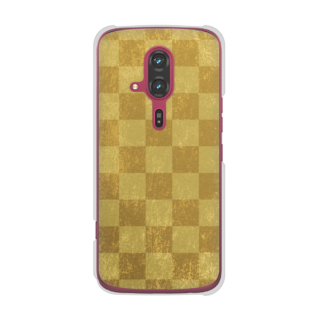 らくらくスマートフォン F-53E docomo 高画質仕上げ 背面印刷 ハードケース 【619 市松模様-金(骨董風に傷んだイメージ)】