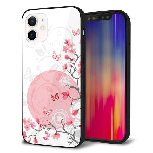 iPhone 12 強化ガラス&TPUスマホケース ガラプリ【030 花と蝶(うす桃色)】