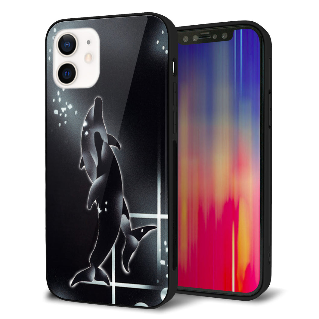 iPhone12 強化ガラス&TPUスマホケース ガラプリ【158 ブラックドルフィン】