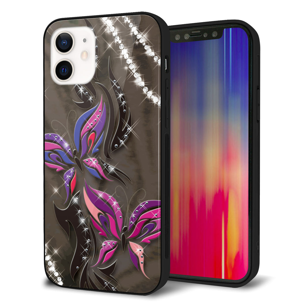 iPhone12 強化ガラス&TPUスマホケース ガラプリ【1164 キラめくストーンと蝶】