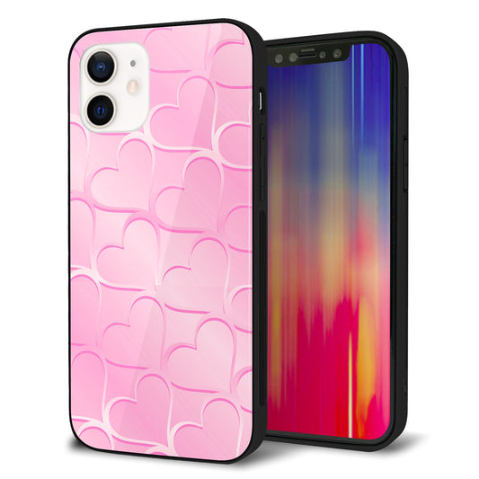 iPhone 12 強化ガラス&TPUスマホケース ガラプリ【1342 かくれハート(ピンク)】