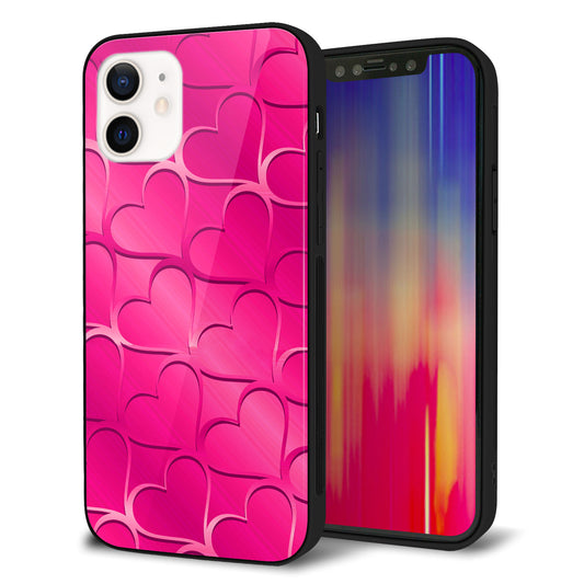 iPhone 12 強化ガラス&TPUスマホケース ガラプリ【1347 かくれハート(ショッキングピンク)】