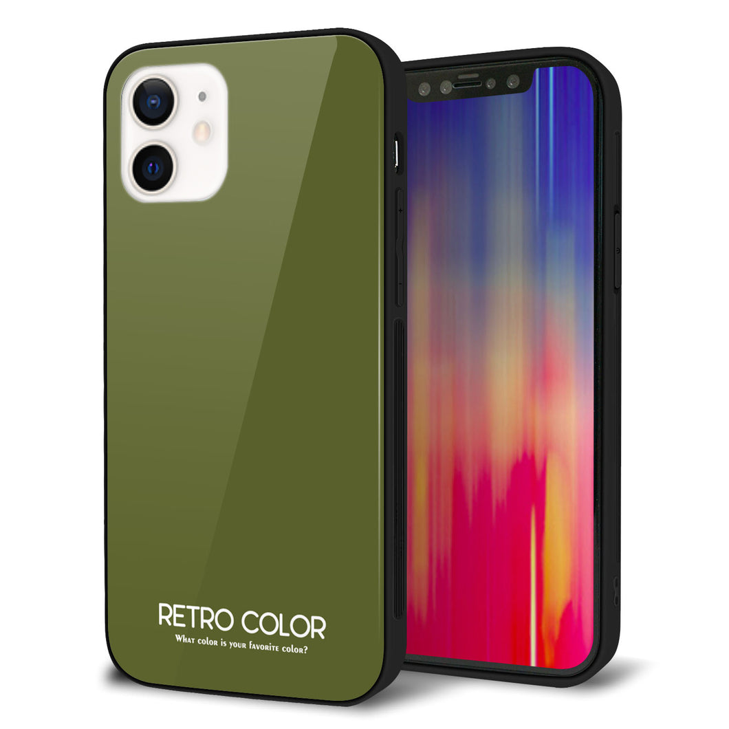 iPhone12 強化ガラス&TPUスマホケース ガラプリ【KM916 レトロカラー(カーキ)】