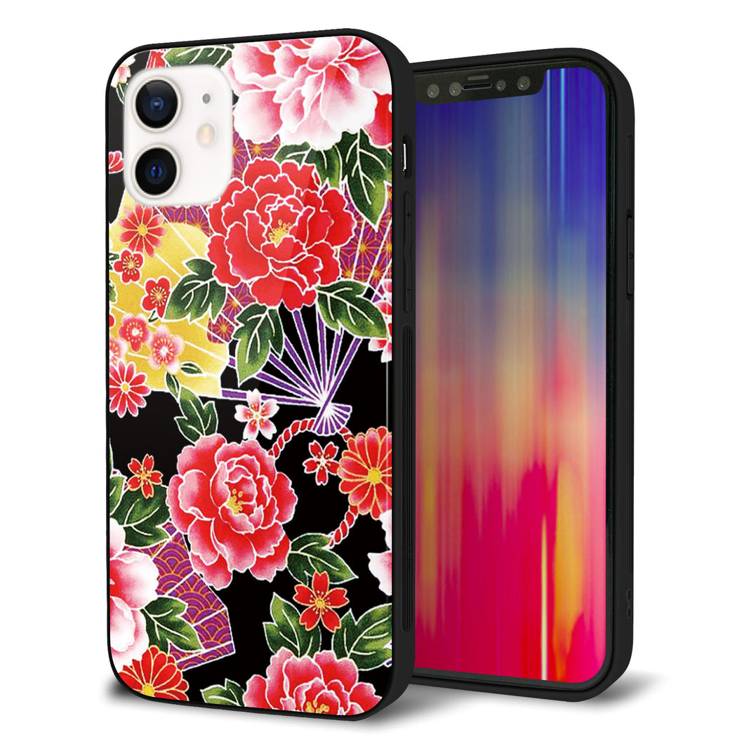 iPhone12 強化ガラス&TPUスマホケース ガラプリ【MA959 和柄 花 A】