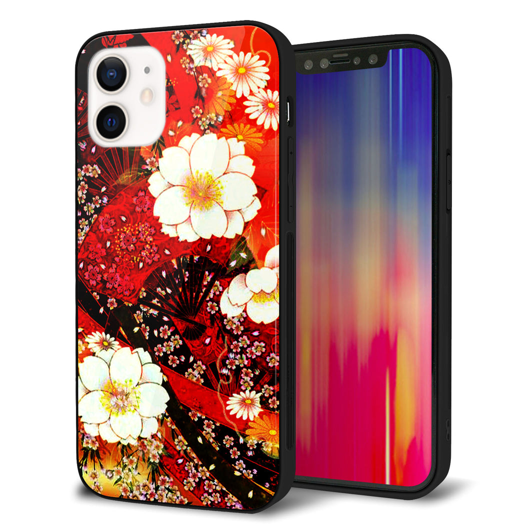 iPhone12 強化ガラス&TPUスマホケース ガラプリ【MA960 和柄 花 B】