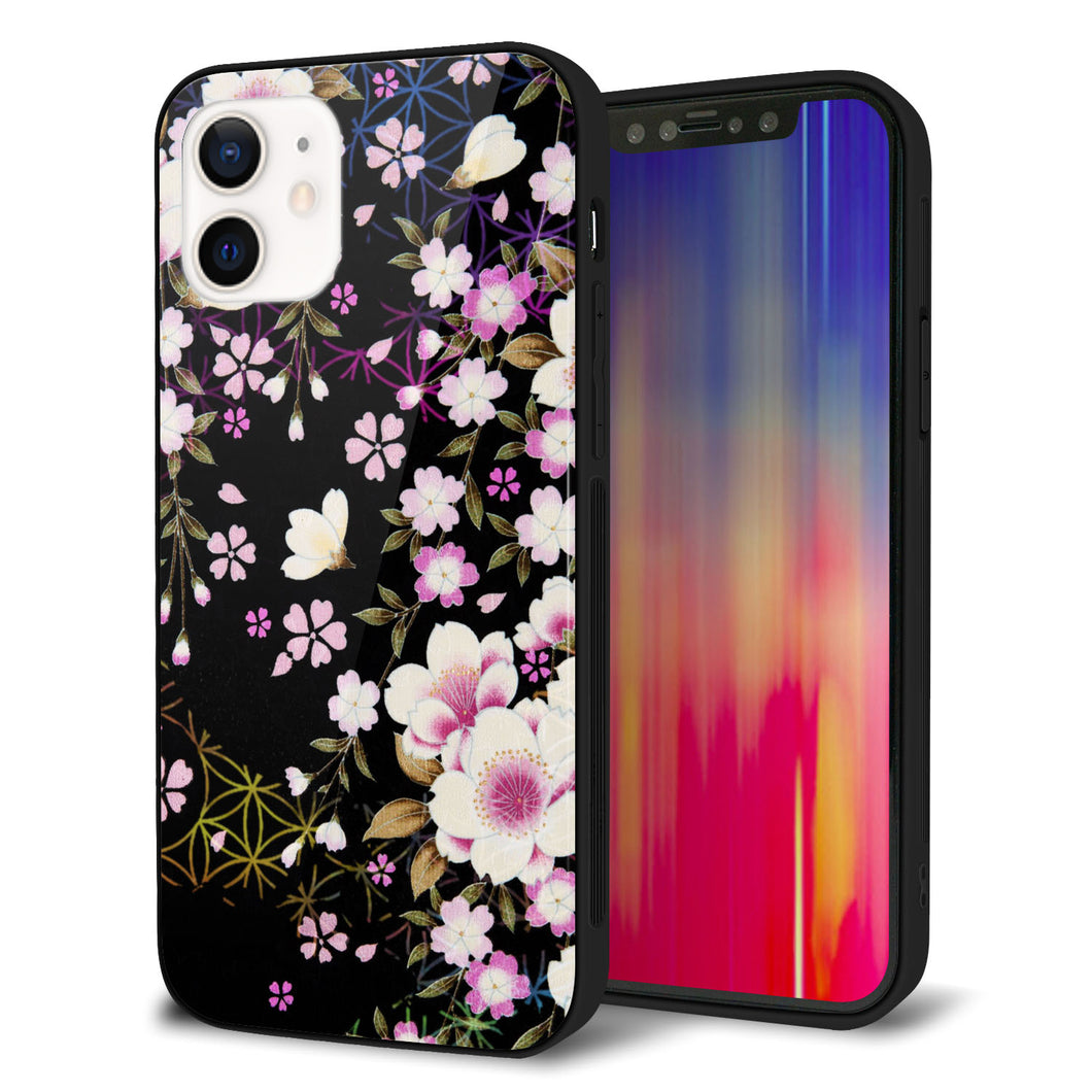 iPhone12 強化ガラス&TPUスマホケース ガラプリ【MA961 和柄 花 C】