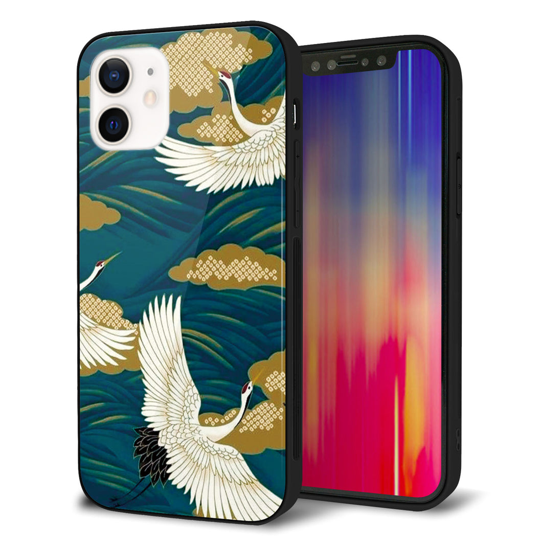iPhone12 強化ガラス&TPUスマホケース ガラプリ【MA964 着物柄 鶴鯉 B】