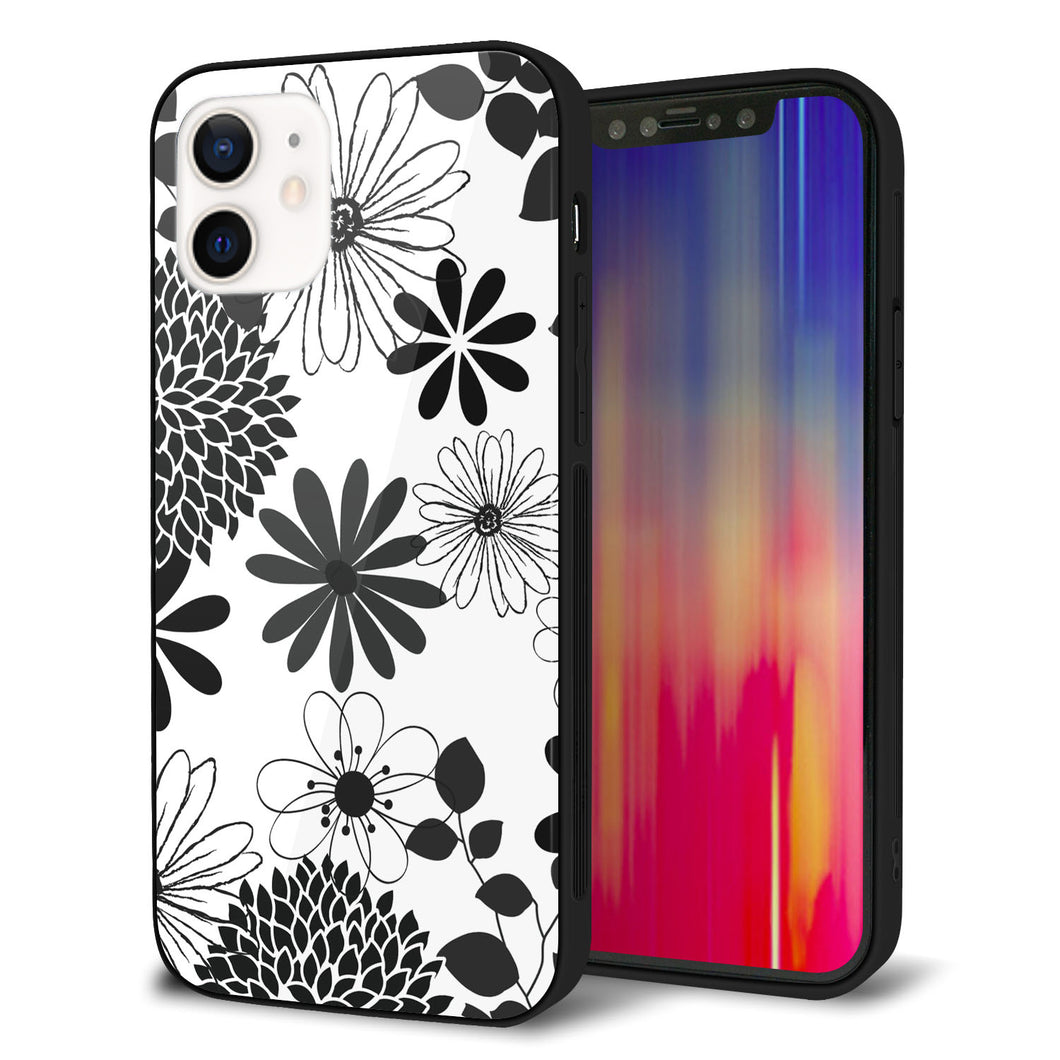 iPhone12 強化ガラス&TPUスマホケース ガラプリ【SC912 花柄モノトーン 01】