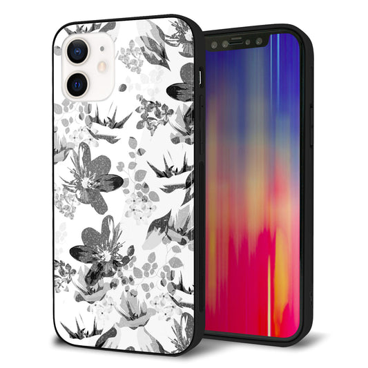 iPhone 12 強化ガラス&TPUスマホケース ガラプリ【SC914 花柄モノトーン 03】