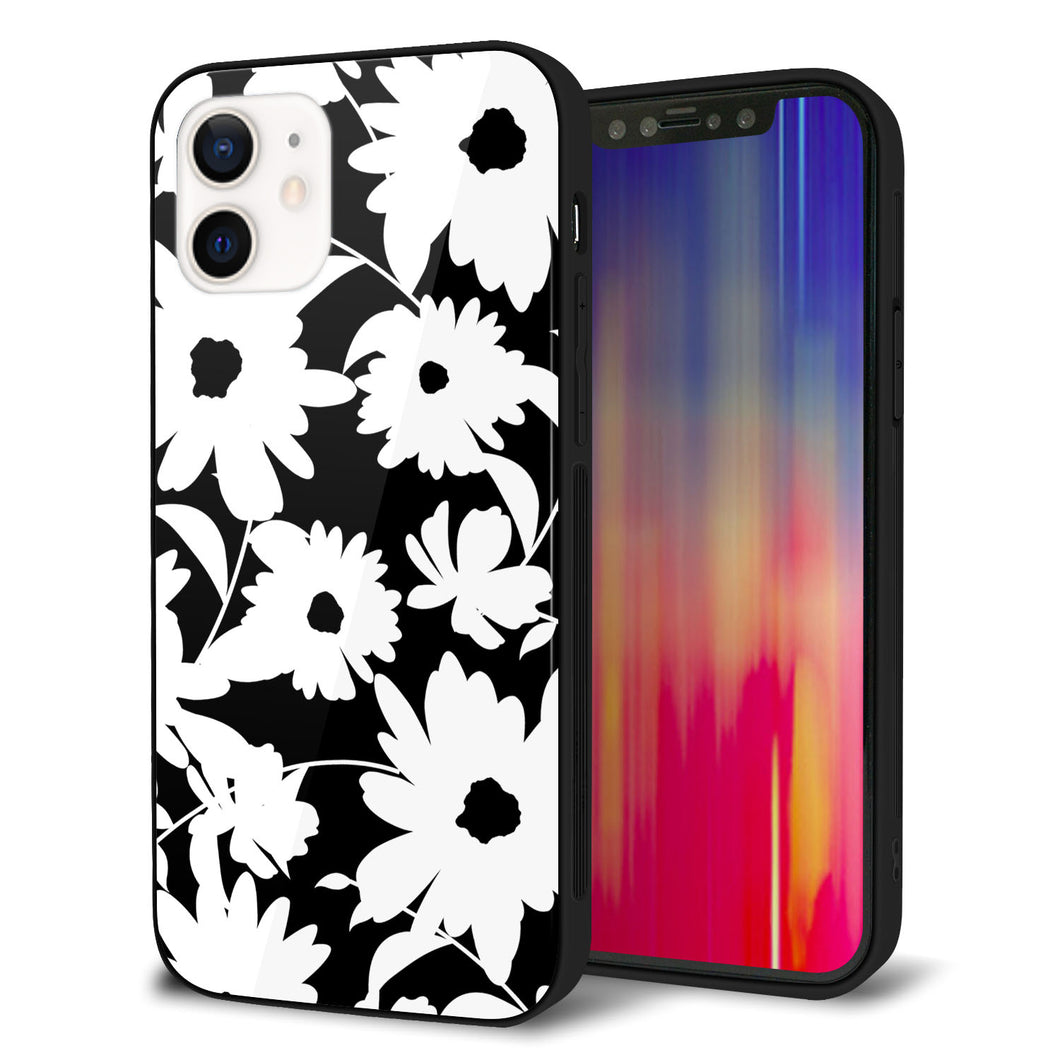iPhone12 強化ガラス&TPUスマホケース ガラプリ【SC915 花柄モノトーン 04】