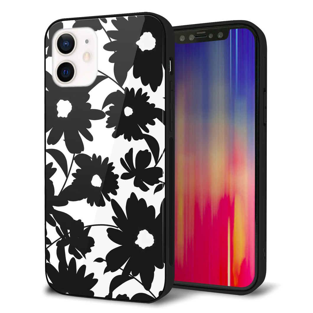 iPhone12 強化ガラス&TPUスマホケース ガラプリ【SC916 花柄モノトーン 05】