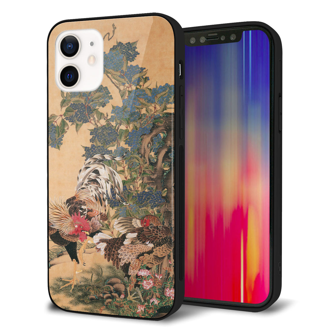 iPhone12 強化ガラス&TPUスマホケース ガラプリ【TA006 紫陽花双鶏】
