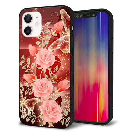 iPhone 12 強化ガラス&TPUスマホケース ガラプリ【VA824 魅惑の蝶とピンクのバラ】