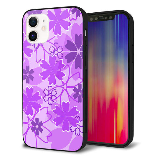 iPhone 12 強化ガラス&TPUスマホケース ガラプリ【VA960 重なり合う花 パープル】