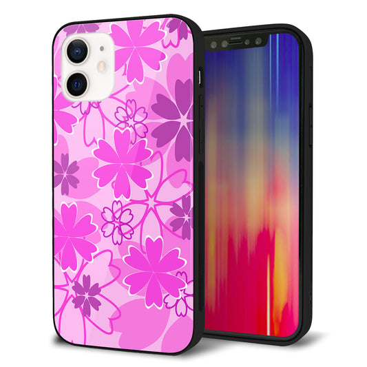 iPhone 12 強化ガラス&TPUスマホケース ガラプリ【VA961 重なり合う花 ピンク】