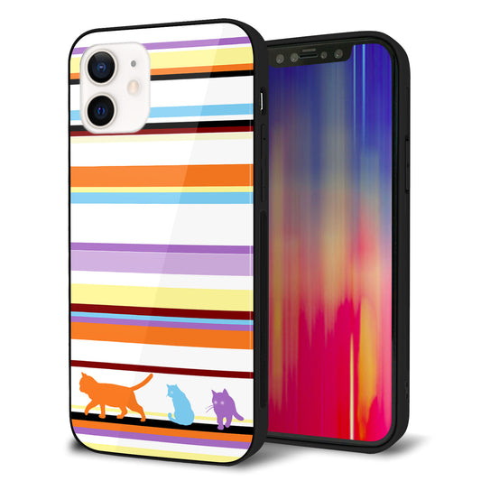 iPhone 12 強化ガラス&TPUスマホケース ガラプリ【YA887 ストライプネコ01】