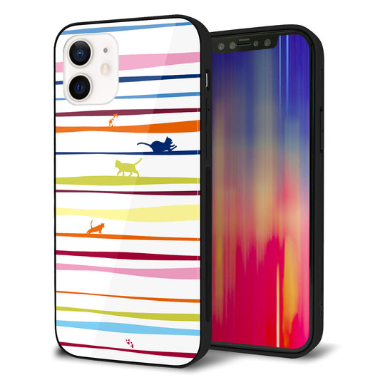iPhone 12 強化ガラス&TPUスマホケース ガラプリ【YA893 ストライプネコ02 L】