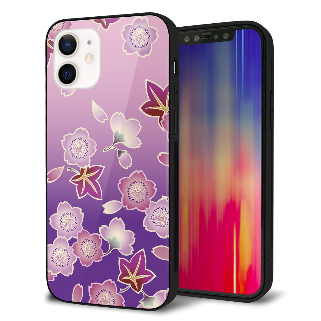 iPhone12 強化ガラス&TPUスマホケース ガラプリ【YJ324 和柄 桜 もみじ】