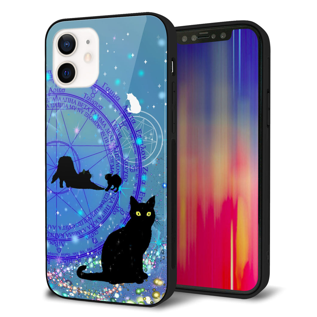 iPhone12 強化ガラス&TPUスマホケース ガラプリ【YJ327 魔法陣猫 キラキラ かわいい】
