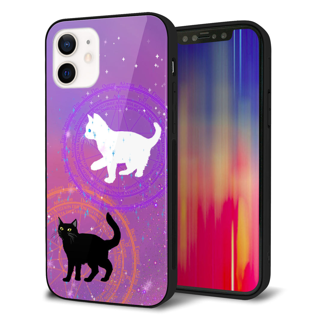 iPhone12 強化ガラス&TPUスマホケース ガラプリ【YJ328 魔法陣猫 キラキラ かわいい ピンク】