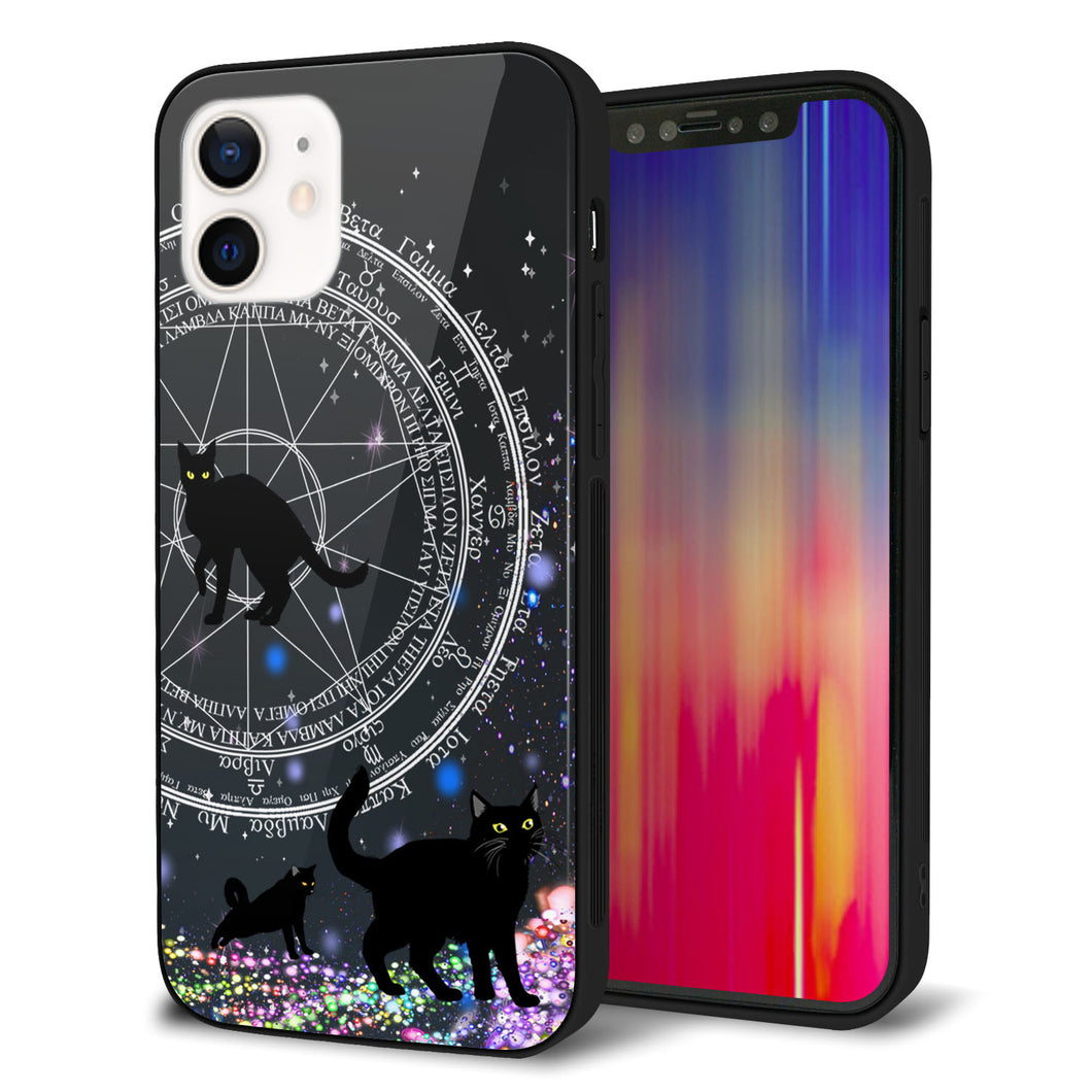 iPhone12 強化ガラス&TPUスマホケース ガラプリ【YJ330 魔法陣猫 キラキラ 黒猫】