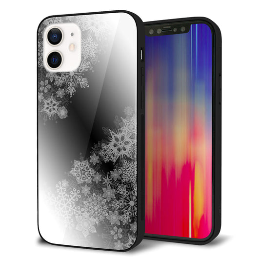 iPhone 12 強化ガラス&TPUスマホケース ガラプリ【YJ340 モノトーン 雪の結晶 】
