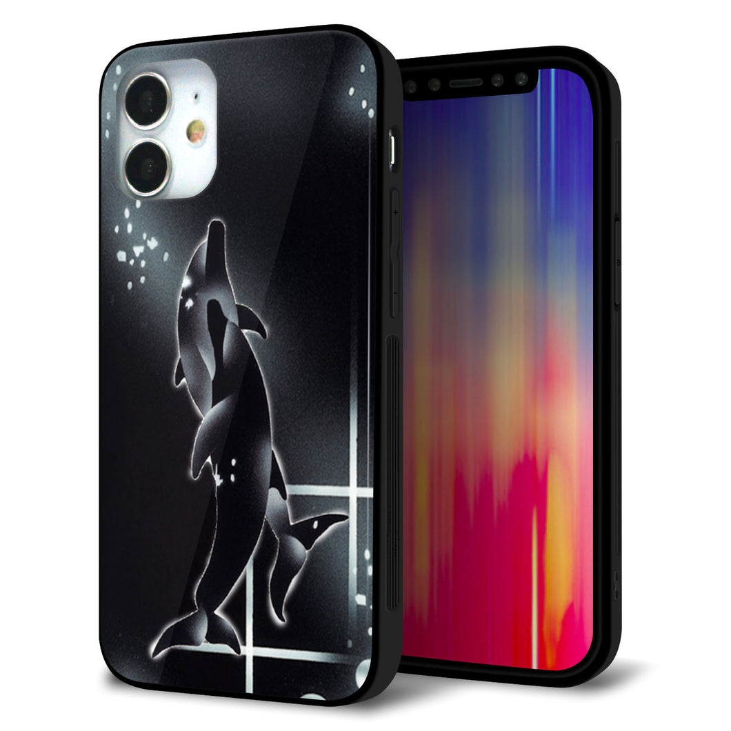 iPhone12 mini 強化ガラス&TPUスマホケース ガラプリ【158 ブラックドルフィン】