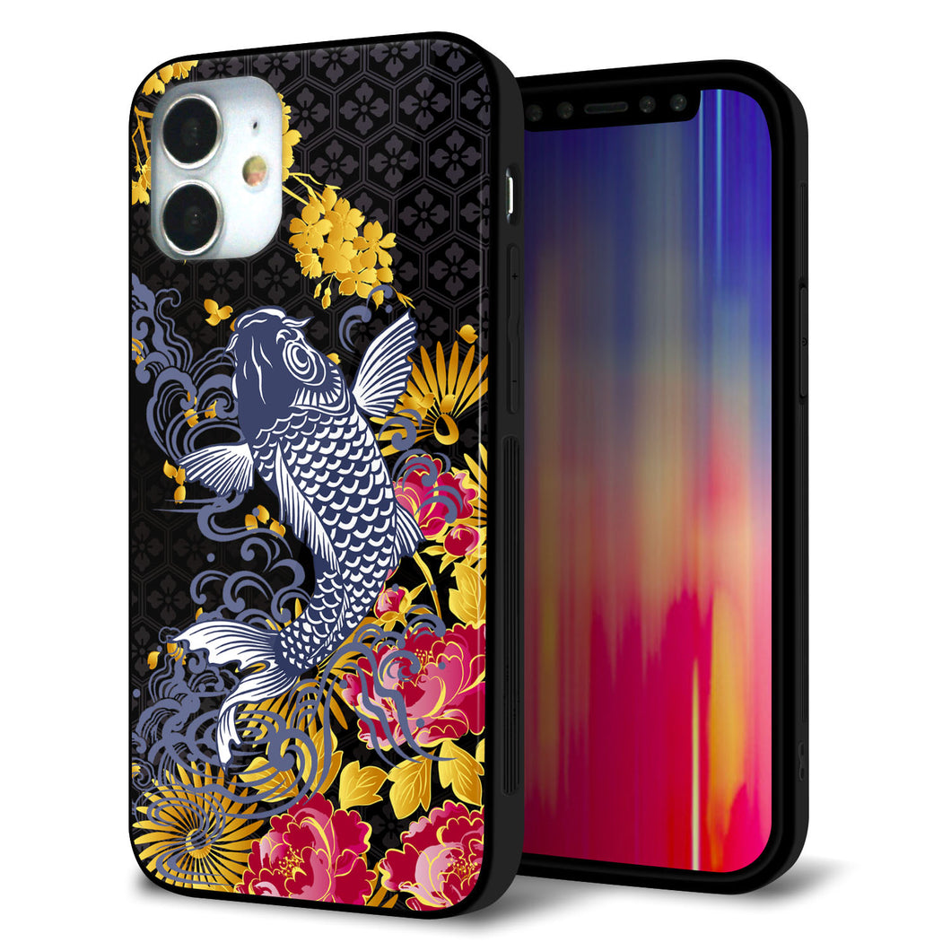 iPhone12 mini 強化ガラス&TPUスマホケース ガラプリ【1028 牡丹と鯉】