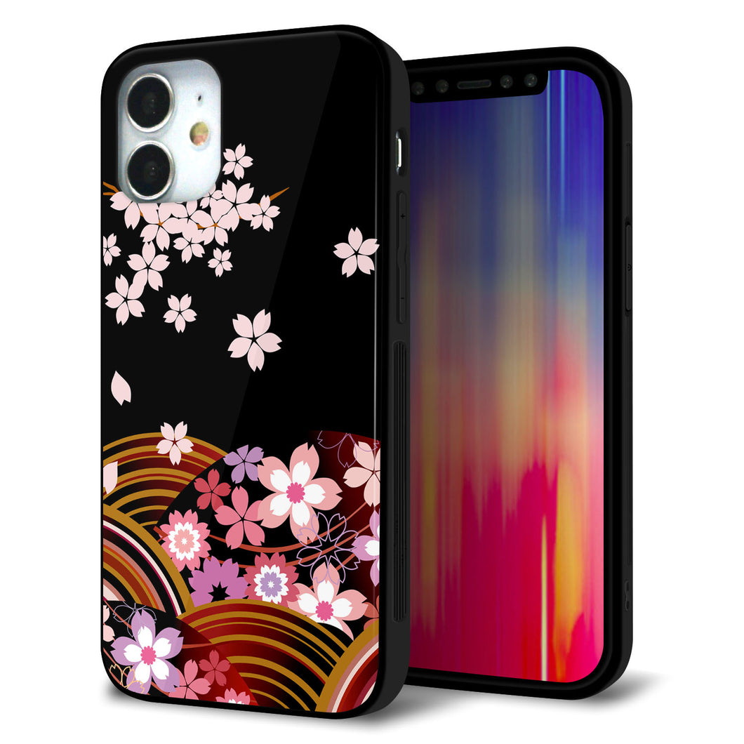 iPhone12 mini 強化ガラス&TPUスマホケース ガラプリ【1237 和柄&筆文字・夜桜の宴】