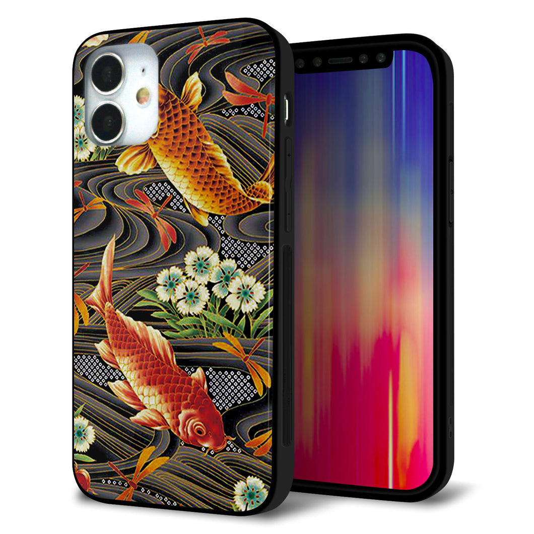 iPhone12 mini 強化ガラス&TPUスマホケース ガラプリ【MA963 着物柄 鶴鯉 A】