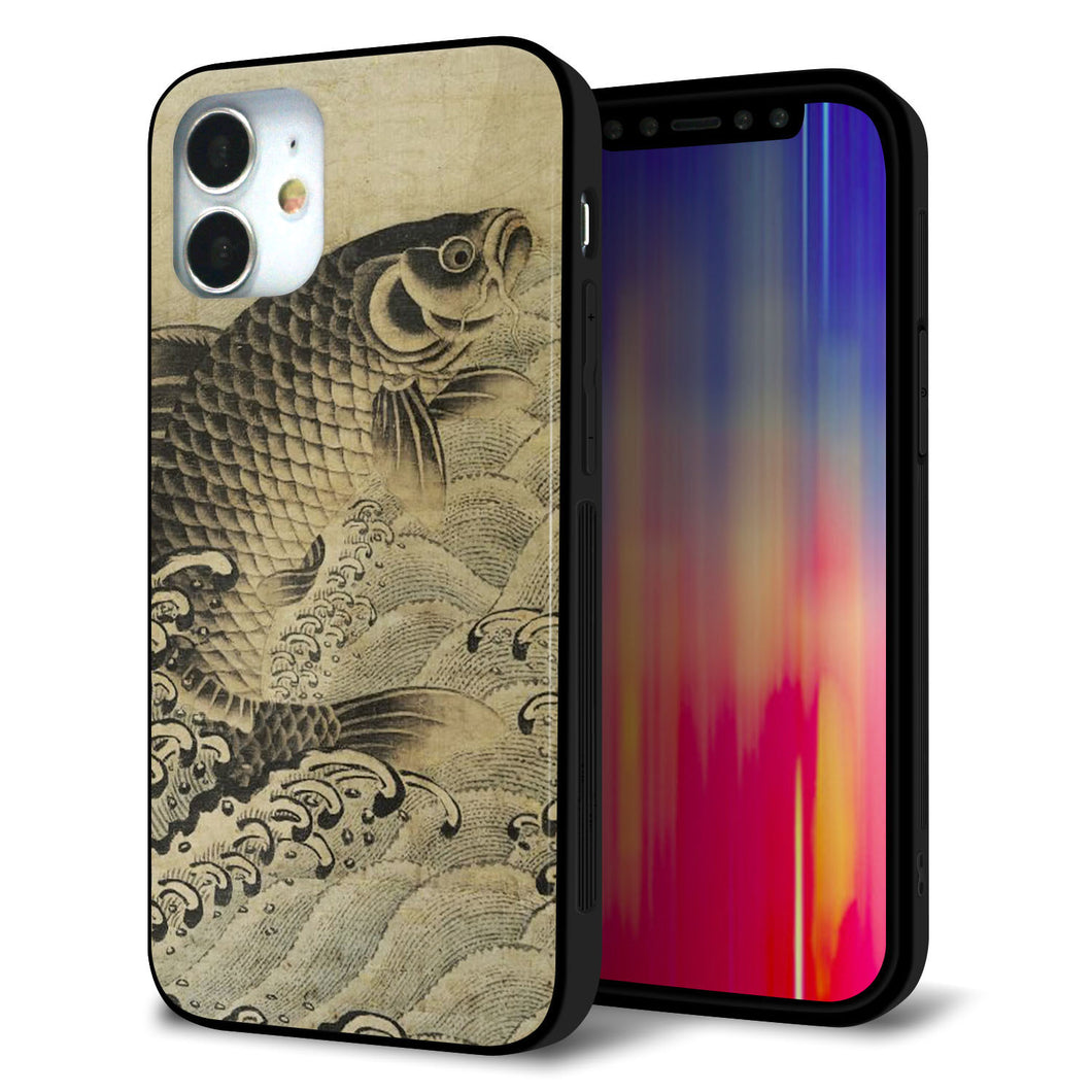 iPhone12 mini 強化ガラス&TPUスマホケース ガラプリ【MA970 和柄 鶴鯉 B】