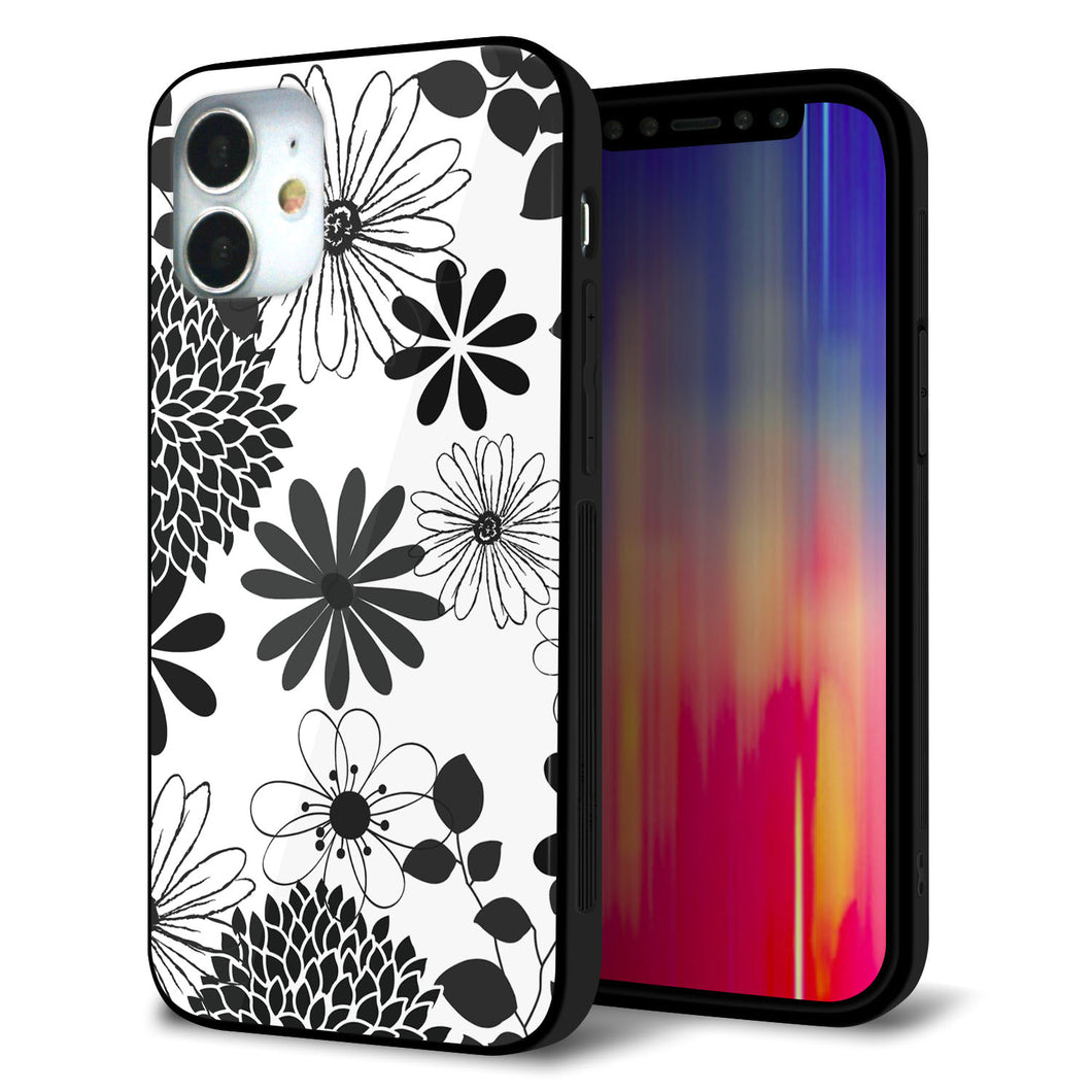 iPhone12 mini 強化ガラス&TPUスマホケース ガラプリ【SC912 花柄モノトーン 01】