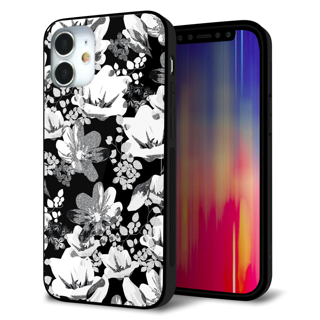 iPhone12 mini 強化ガラス&TPUスマホケース ガラプリ【SC913 花柄モノトーン 02】