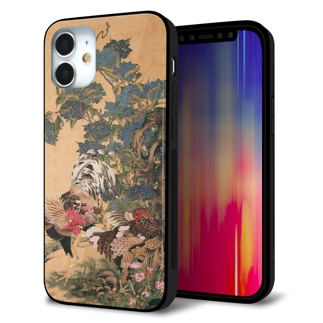 iPhone12 mini 強化ガラス&TPUスマホケース ガラプリ【TA006 紫陽花双鶏】