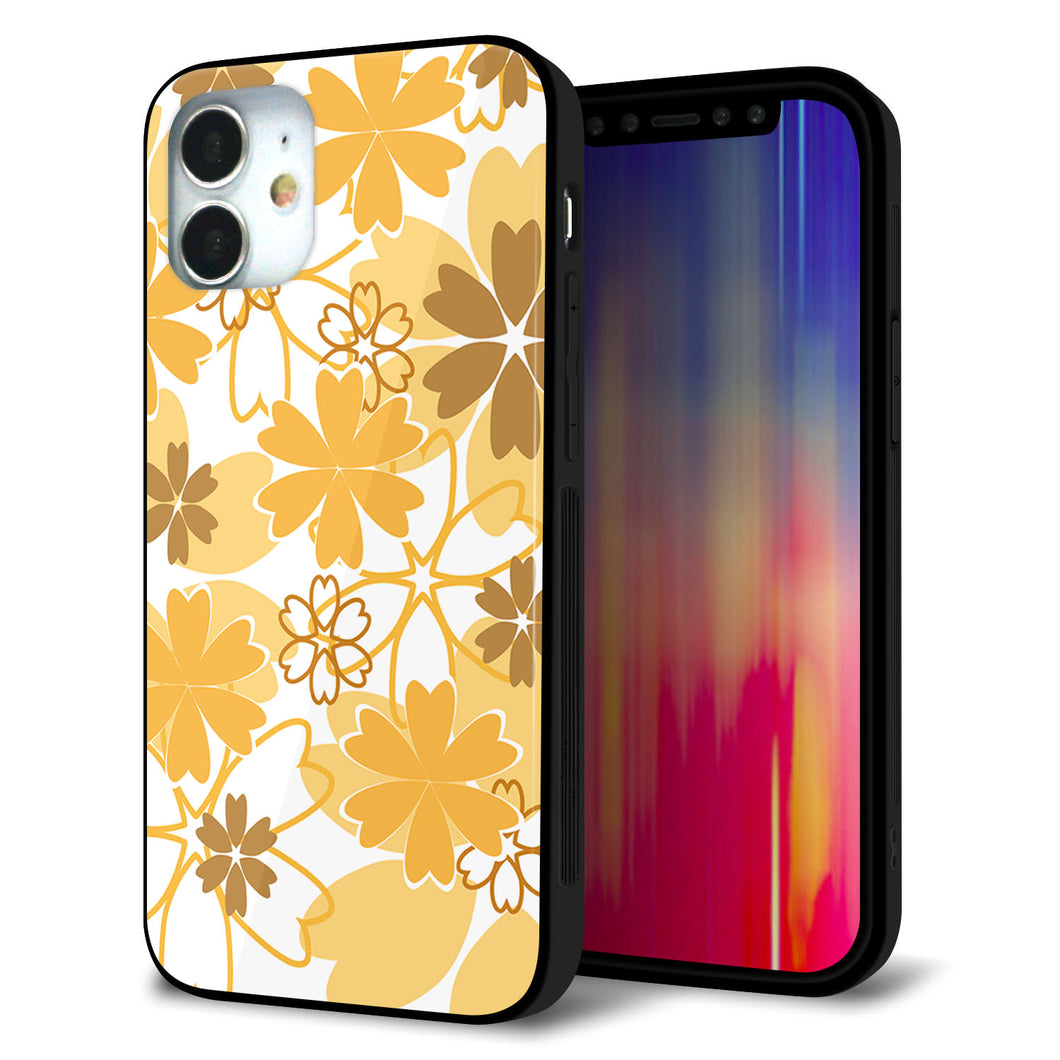 iPhone12 mini 強化ガラス&TPUスマホケース ガラプリ【VA959 重なり合う花 オレンジ】