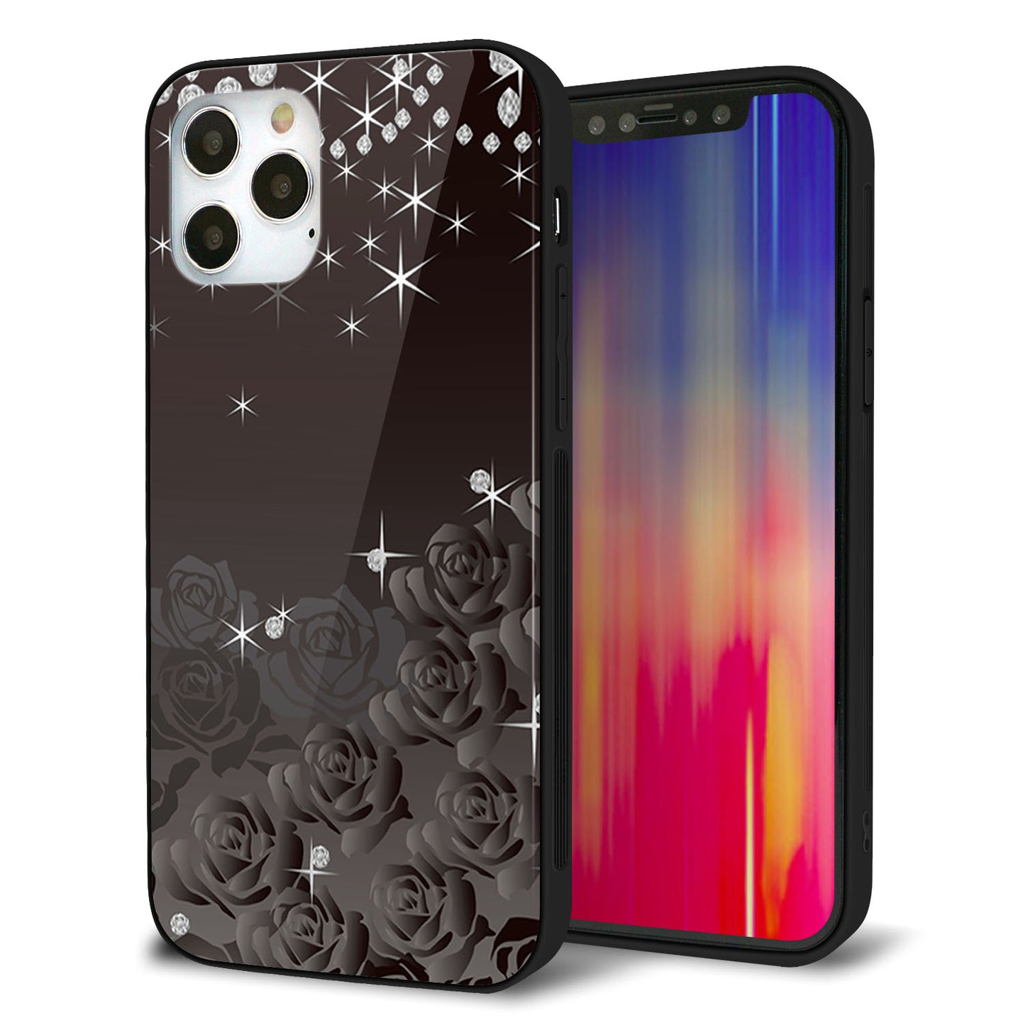iPhone12 Pro 強化ガラス&TPUスマホケース ガラプリ【327 薔薇とダイヤモンド】