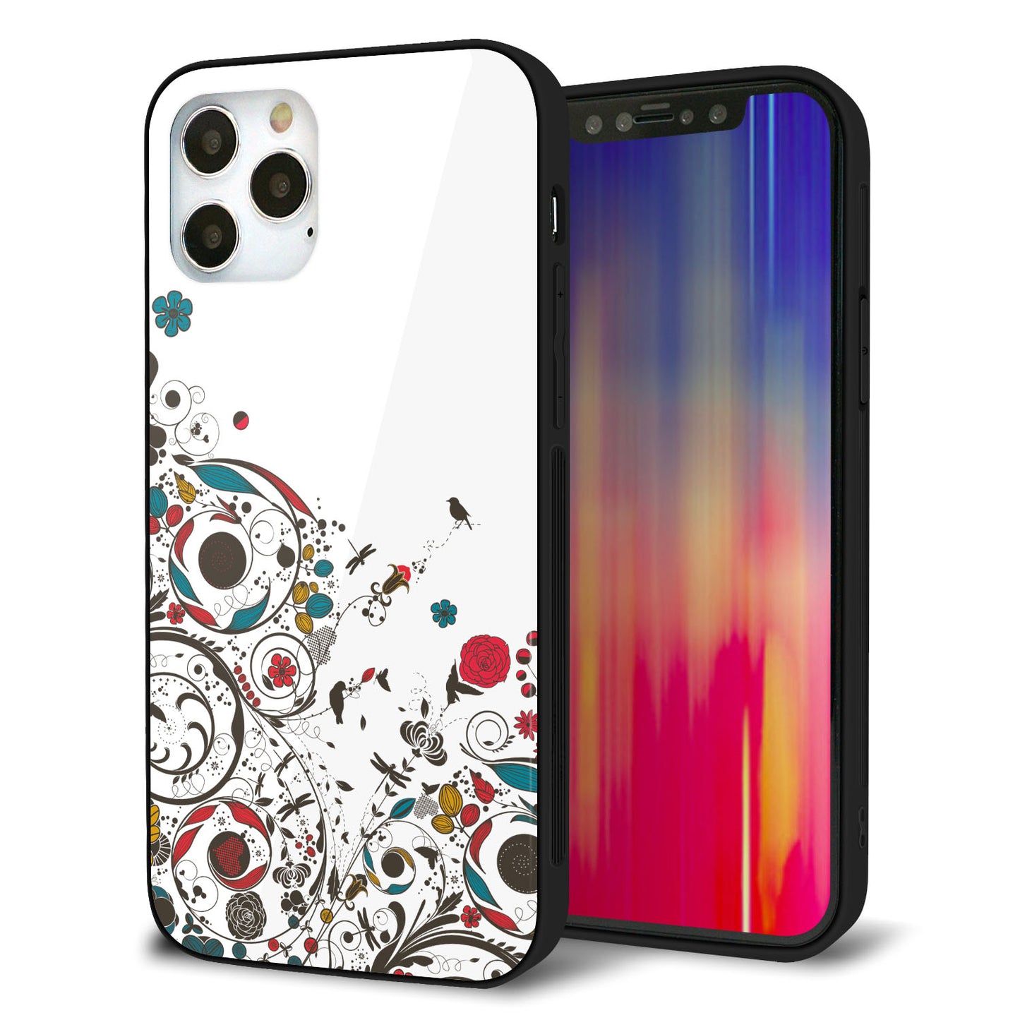 iPhone12 Pro 強化ガラス&TPUスマホケース ガラプリ【EK908 カラフルな花と鳥】