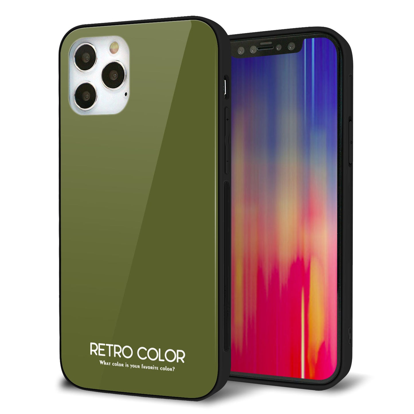 iPhone12 Pro 強化ガラス&TPUスマホケース ガラプリ【KM916 レトロカラー(カーキ)】
