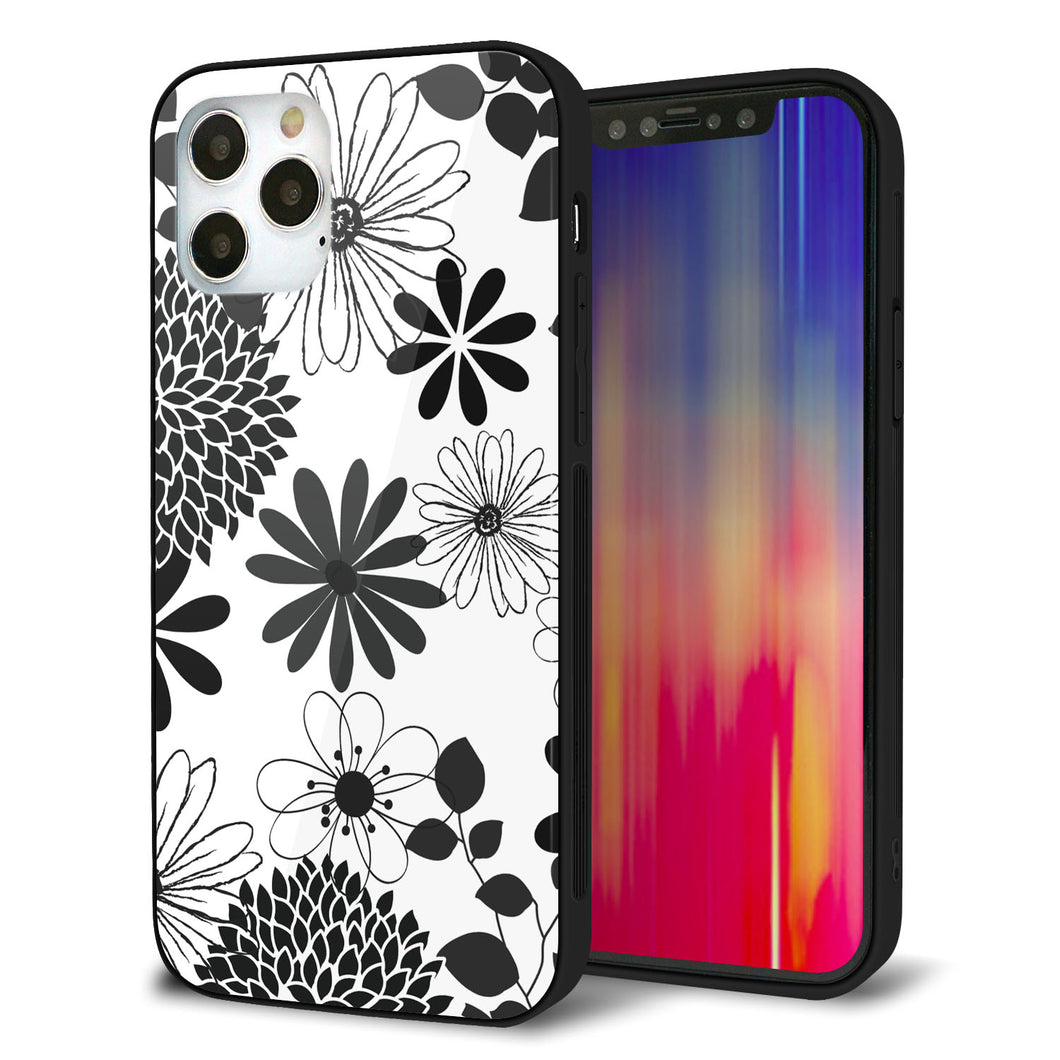 iPhone12 Pro 強化ガラス&TPUスマホケース ガラプリ【SC912 花柄モノトーン 01】
