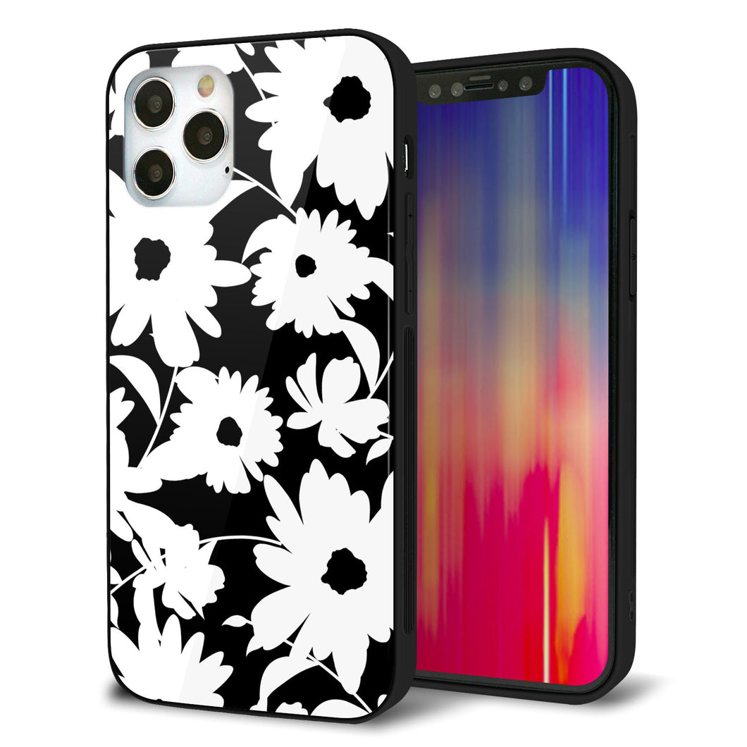 iPhone12 Pro 強化ガラス&TPUスマホケース ガラプリ【SC915 花柄モノトーン 04】