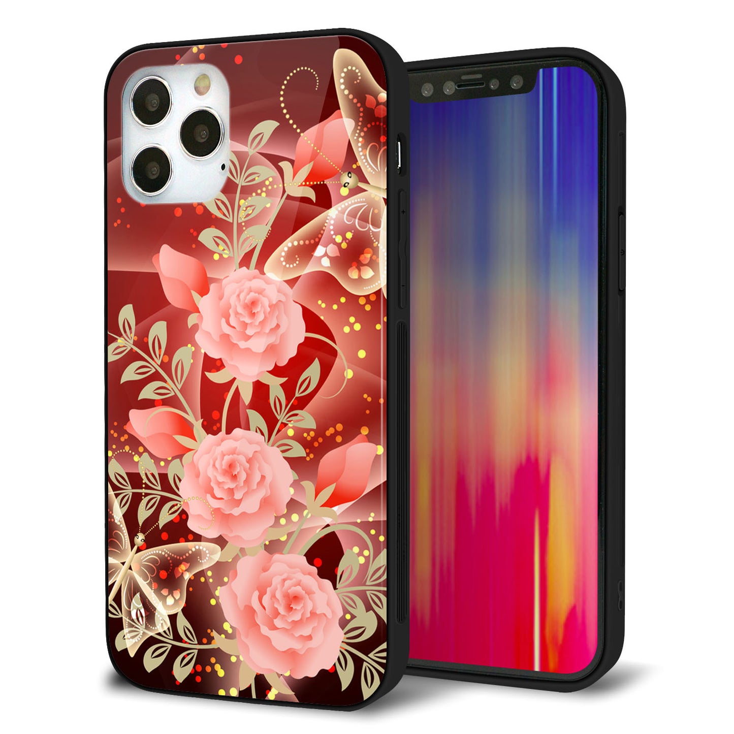 iPhone12 Pro 強化ガラス&TPUスマホケース ガラプリ【VA824 魅惑の蝶とピンクのバラ】